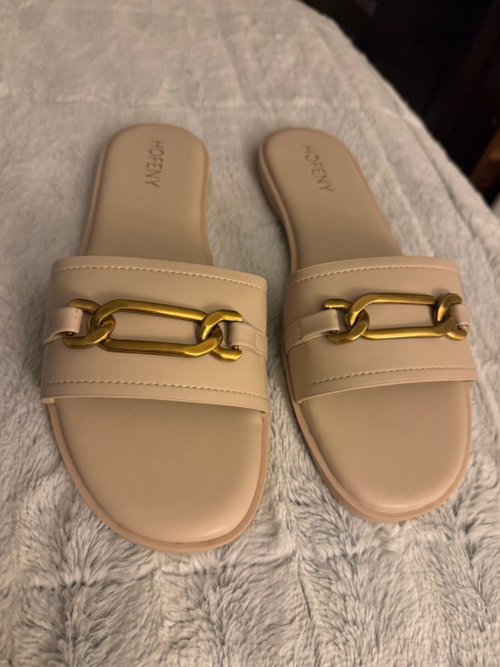 Women's Neutral Beige Slide Sandals with Gold Chain Accent